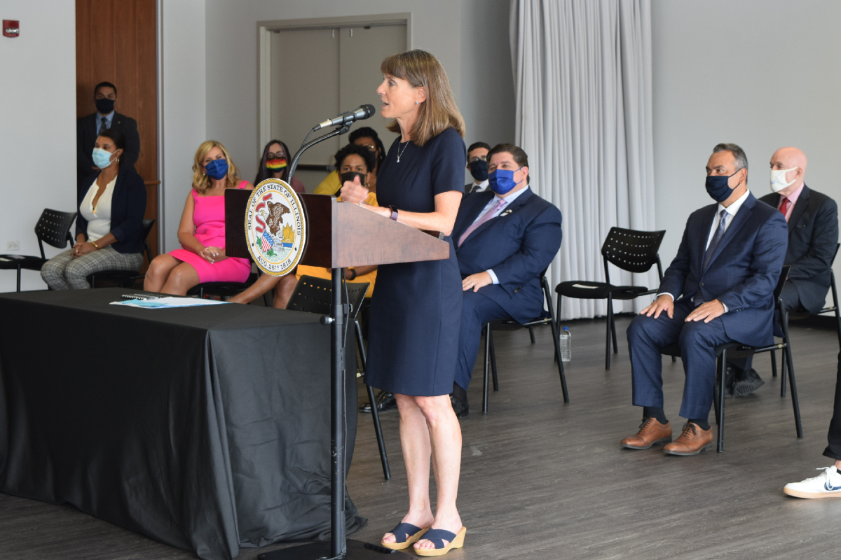 State Senator Laura Fine at a press conference in Chicago for the bill signing of House Bill 3709